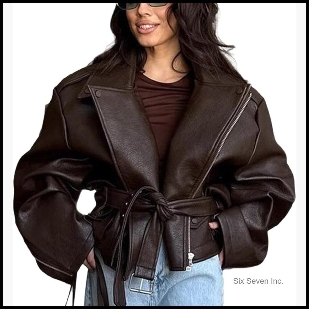 Leather Jacket Zip Up Oversized Motorcycle Cropped With Belt Y2k Streetwear